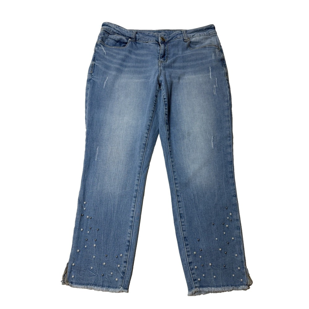 Maurices DenimFlex Pearl Hem Crop Jeans Light Wash Blue Embellished Size 13/14